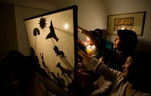 A family gathers around a backlit fabric screen indoors at night, hands reaching toward silhouetted animal shapes.